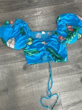 Woman’s  Blue Tropical Puff-Sleeve Swim Top